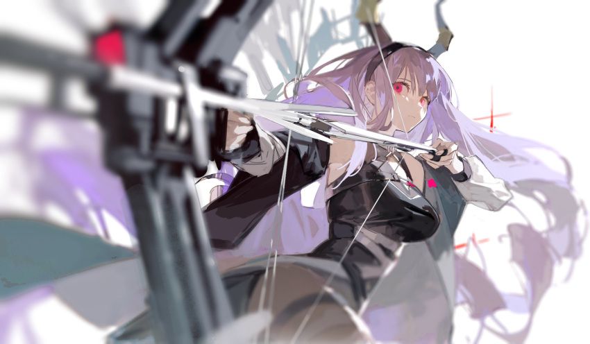 1girl aiming aiming_at_viewer arknights bare_shoulders black_pantyhose black_shirt blurry bow_(weapon) breasts compound_bow cowboy_shot depth_of_field drill_hair highres holding holding_bow_(weapon) holding_weapon horns jacket large_breasts long_hair long_sleeves noland off_shoulder open_clothes open_jacket pantyhose purple_hair red_eyes shirt simple_background sleeveless sleeveless_shirt solo typhon_(arknights) very_long_hair weapon white_background white_jacket