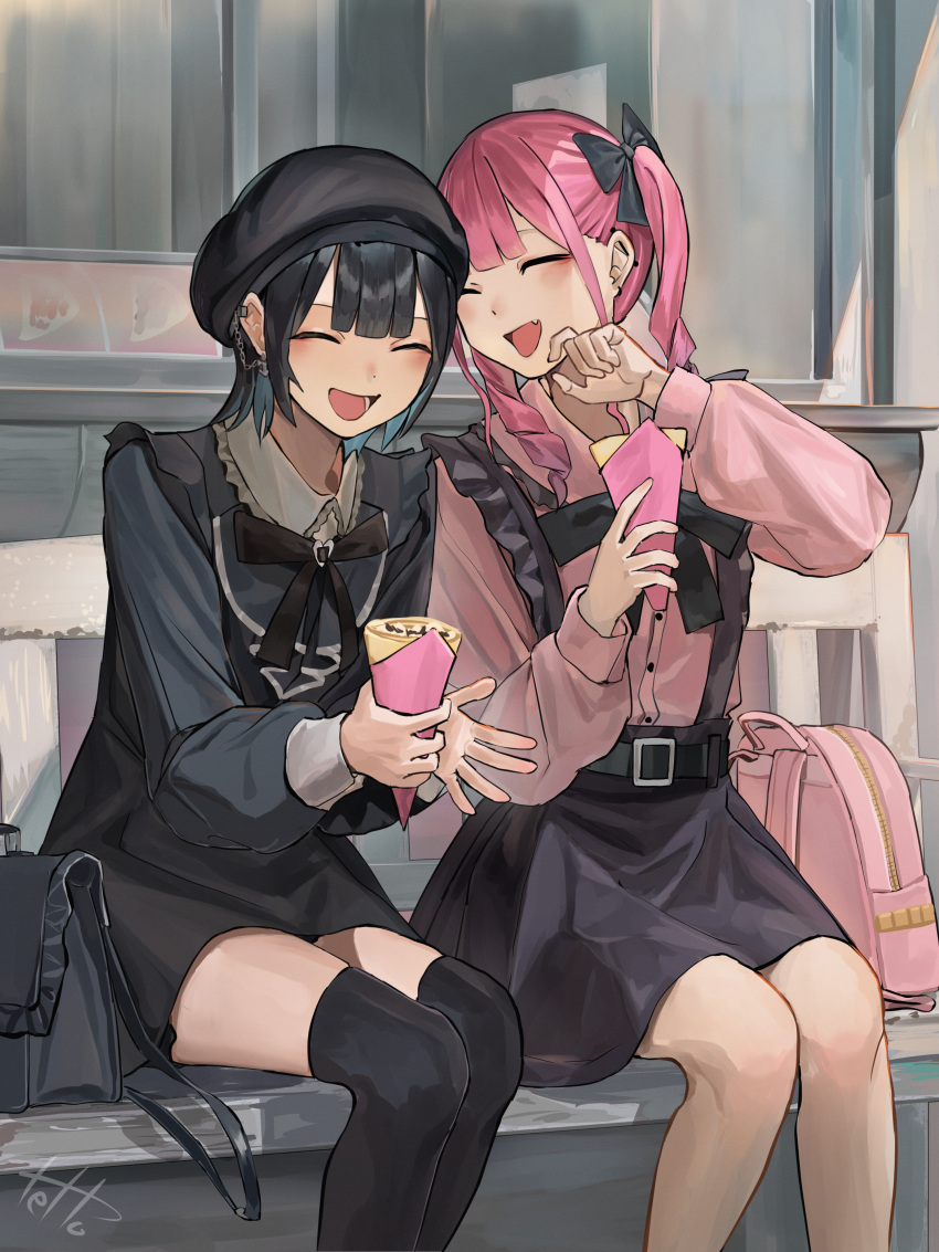 2girls ^_^ absurdres backpack bag bench beret black_bow black_dress black_hair black_headwear black_skirt black_thighhighs blue_hair blunt_bangs bow closed_eyes crepe double-parted_bangs douryou_(buta5813) dress ear_piercing eyeshadow fang food frills hair_bow handbag hat highres hinamizawa_hinami holding holding_food jirai_kei laughing makeup multicolored_hair multiple_girls open_mouth original piercing pink_hair pink_shirt shirt sidelocks sitting skirt tetto_(onnoveltet) thighhighs twintails window