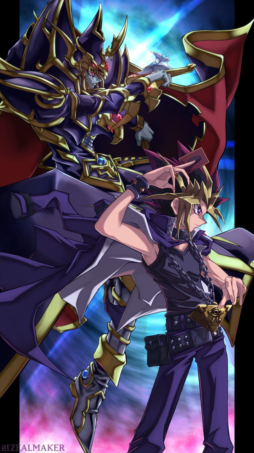 2boys absurdres artist_name black_hair black_shirt blonde_hair blue_jacket blue_pants cape card colored_skin commentary_request duel_monster grey_skin highres holding holding_card holding_sword holding_weapon jacket jacket_on_shoulders looking_to_the_side master_of_chaos millennium_puzzle multicolored_hair multiple_boys pants purple_eyes red_eyes red_hair shirt sleeveless sleeveless_shirt spiked_hair sword weapon yami_yuugi yu-gi-oh! yu-gi-oh!_duel_monsters zealmaker
