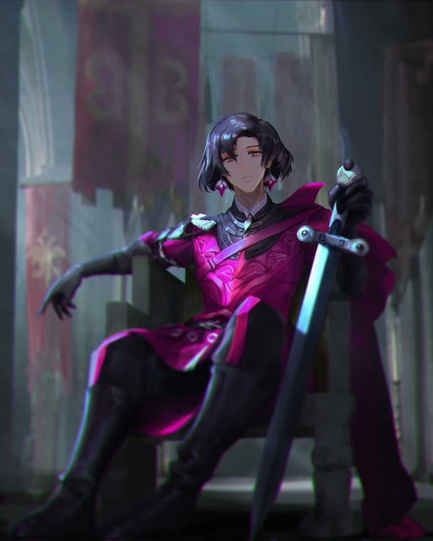 1boy absurdres armor banner black_gloves black_hair cape constantine_xi_(fate) earrings expressionless fate/grand_order fate_(series) full_body gloves hair_between_eyes highres holding holding_sword holding_weapon indoors jewelry looking_at_viewer male_focus red_armor red_cape sgg13 short_hair solo sword throne weapon