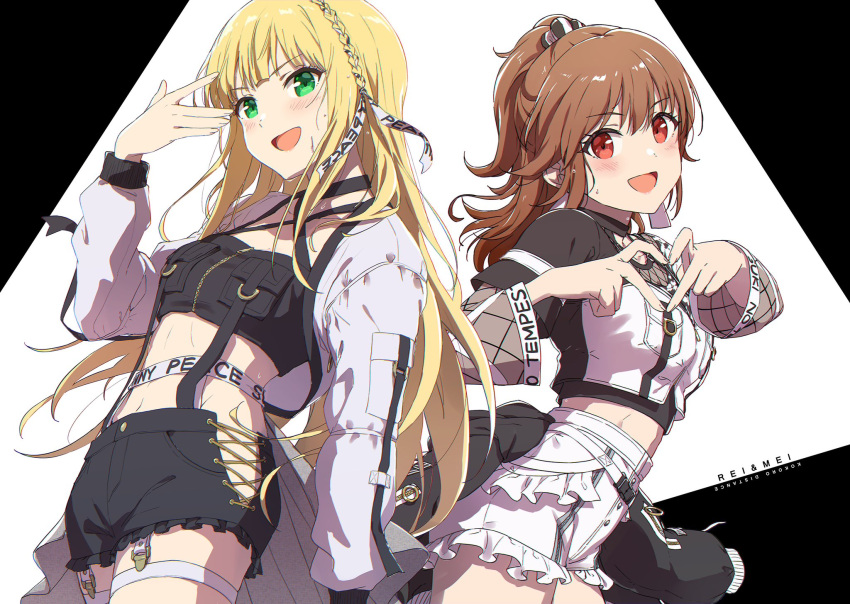 2girls :d ayano_yuu_(sonma_1426) blonde_hair braid breast_pocket breasts collarbone criss-cross_halter crop_top cross-laced_clothes cross-laced_shorts frilled_shorts frills garter_straps green_eyes halterneck hand_up hayasaka_mei highres ichinose_rei idol idoly_pride long_hair looking_at_viewer midriff multiple_girls open_mouth pocket ribbon_braid short_shorts shorts shrug_(clothing) signature simple_background smile stomach sweat thigh_strap white_background white_garter_straps white_shrug