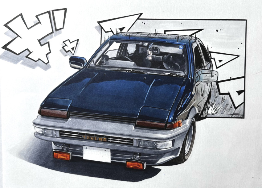 car drifting highres motor_vehicle no_humans original shadow sound_effects takapon_0505 toyota toyota_sprinter_trueno traditional_media vehicle_focus