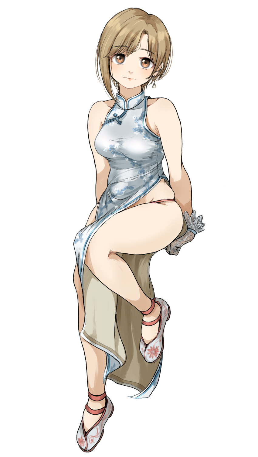 1girl aiba_yumi bare_legs bare_shoulders blonde_hair blush breasts brown_eyes china_dress chinese_clothes closed_mouth collarbone dot_nose dress earrings floral_print full_body gatsby_ssl grey_dress grey_footwear highres idolmaster idolmaster_cinderella_girls idolmaster_cinderella_girls_starlight_stage invisible_chair jewelry knee_up looking_at_viewer medium_breasts pelvic_curtain print_dress see-through_gloves shoe_print shoes short_hair side_slit simple_background sitting sleeveless sleeveless_dress smile solo thighs white_background