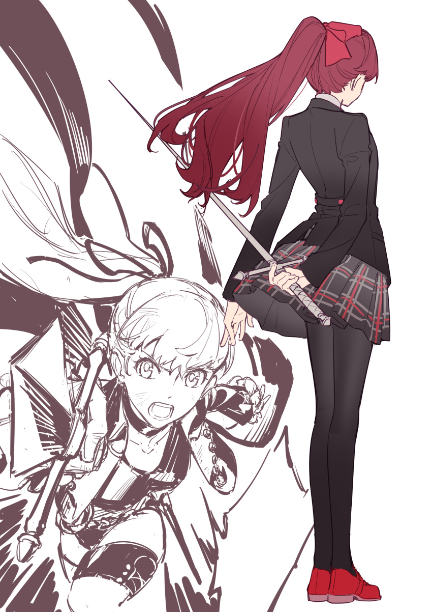 1girl absurdres black_jacket black_leotard bow breasts facing_away gloves hair_bow hair_ribbon highres holding holding_sword holding_weapon jacket leotard long_hair long_sleeves looking_at_viewer open_mouth pantyhose persona persona_5 persona_5_the_royal plaid plaid_skirt ponytail red_hair ribbon school_uniform shuujin_academy_school_uniform skirt solo sword thighhighs tsubsa_syaoin weapon yoshizawa_kasumi