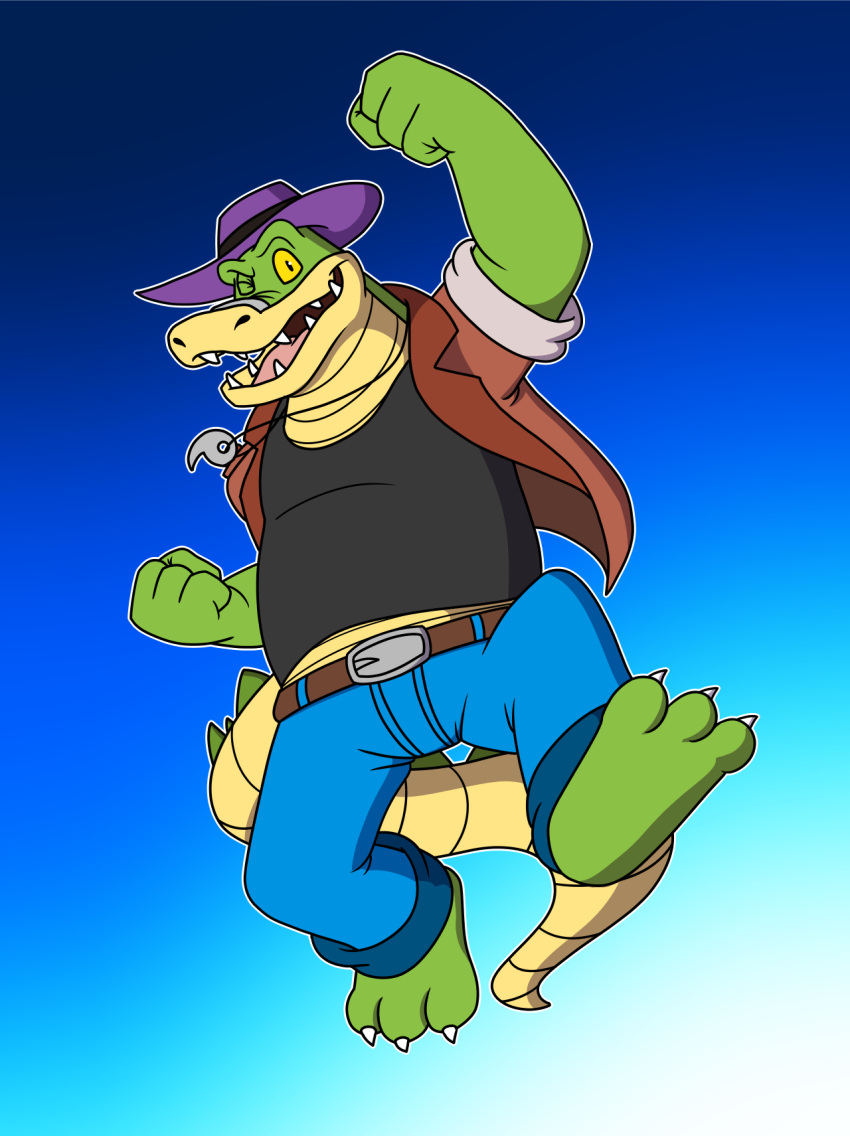 2023 3_toes 4_fingers alligator alligatorid anthro biped bottomwear brok_(character) brok_the_investigator clothing crocodilian feet fingers green_body hat headgear headwear hi_res humanoid_hands one_eye_closed pants reptile scalie shirt silverscale12 slightly_chubby solo toes topwear wink