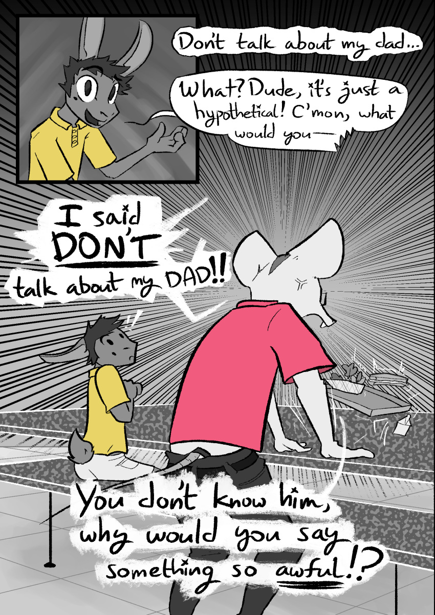 2023 absurd_res anthro beauchamp_(halcyon) cafeteria clothed clothing comic digital_media_(artwork) duo english_text food fur hair halcyon_(series) herba_(halcyon) hi_res lagomorph leporid looking_at_viewer lost_andsafe male male/male mammal monochrome mouse murid murine open_mouth rabbit rodent simple_background text