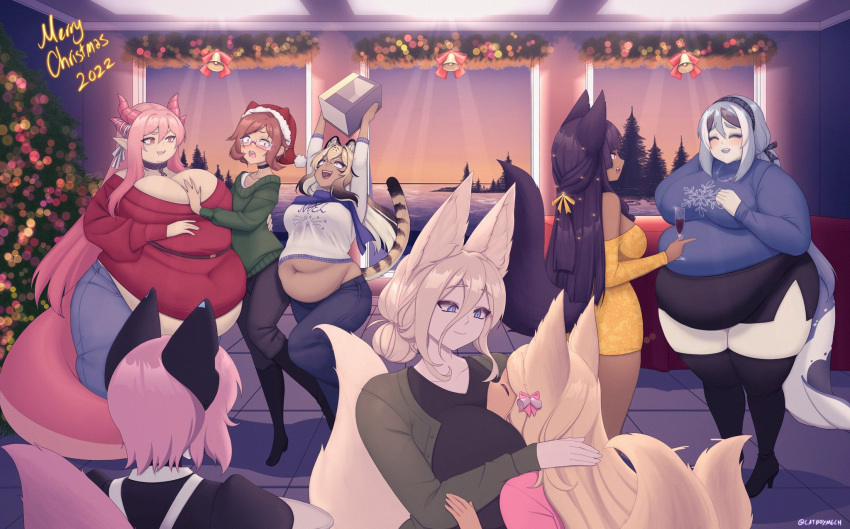 animal_humanoid belly big_belly big_breasts big_butt black_hair blonde_hair blue_eyes blue_hair blush breasts brown_hair butt cakecatboy canid canid_humanoid canine canine_humanoid cat_humanoid cetacean cetacean_humanoid christmas cinnamon_(cakecatboy) cleavage clothed clothing dragon dragon_humanoid eyes_closed felid felid_humanoid feline feline_humanoid female fox_humanoid freya_(cowszers) group hair hi_res holidays horn horned_humanoid huge_breasts huge_butt huge_thighs humanoid jahi_(cowzers) kiera_(cowszers) mammal mammal_humanoid marine marine_humanoid markings multicolored_hair navel obese obese_female obese_humanoid overweight overweight_female overweight_humanoid pantherine pantherine_humanoid pink_eyes pink_hair sereia_(cowszers) signature smile striped_markings striped_tail stripes tail tail_markings text thick_thighs tiger_humanoid unknown_character white_hair yellow_eyes