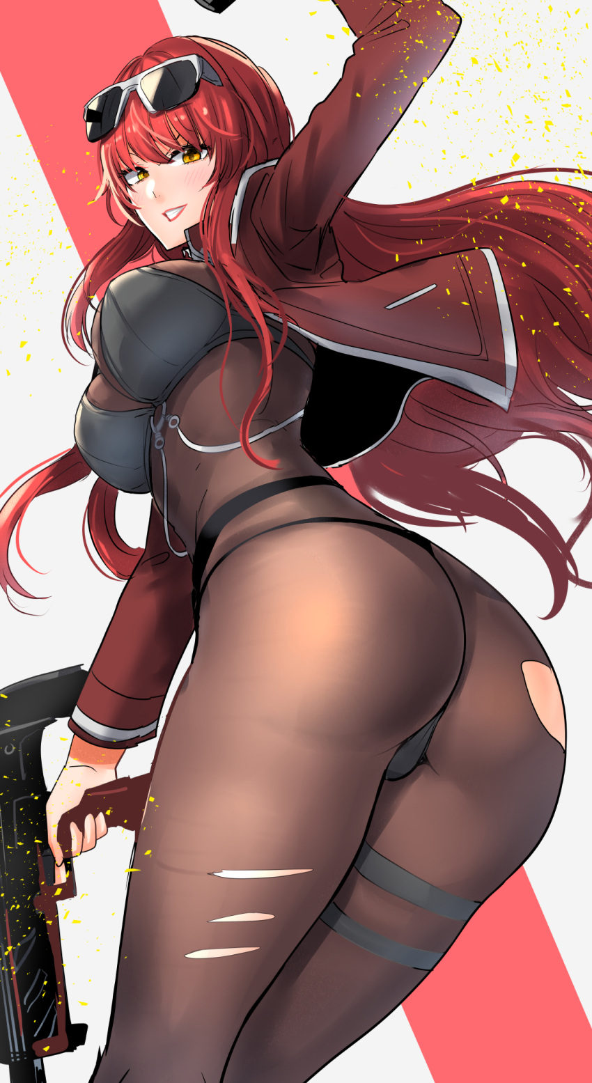 1girl arm_up ass bent_over bikini bikini_top_only black_bikini black_panties blush bodystocking breasts clash_kuro_neko commentary cropped_jacket english_commentary eyewear_on_head feet_out_of_frame from_behind goddess_of_victory:_nikke grey_background grin gun highres holding holding_gun holding_weapon jacket large_breasts lipstick long_hair looking_at_viewer looking_back makeup mixed-language_commentary o-ring open_clothes open_jacket orange_eyes panties panties_over_pantyhose pantyhose red_hair red_jacket red_lips simple_background smile solo standing sunglasses swimsuit thigh_strap thong torn_bodystocking torn_clothes underwear v-shaped_eyebrows volume_(nikke) weapon