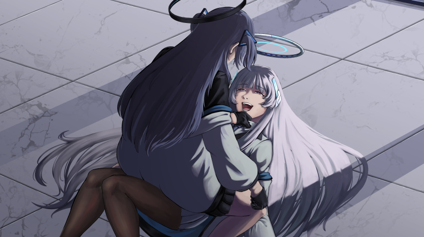 2girls blue_archive clenched_hand collared_shirt crack cracked_floor eniac_(artist) girl_on_top girls'_frontline gloves hair_ornament halo headgear highres jacket jacket_partially_removed long_hair long_sleeves lying mechanical_halo multiple_girls noa_(blue_archive) off_shoulder on_back on_floor open_clothes open_jacket open_mouth pantyhose pleated_skirt purple_eyes purple_hair scene_reference shirt sidelocks skirt smile suit teeth tile_floor tiles tongue two-sided_fabric two-sided_jacket two_side_up very_long_hair white_hair white_jacket white_skirt white_suit yuuka_(blue_archive)