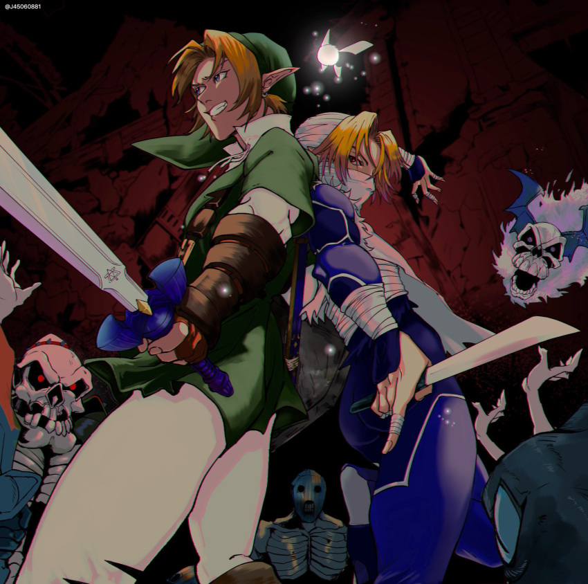 1boy 1girl ass back-to-back bandaged_fingers bandages blue_bodysuit blue_bubble_(zelda) blue_eyes bodysuit brown_hair chromatic_aberration clenched_teeth earrings eyelashes fairy from_below gauntlets green_headwear green_tunic highres holding holding_knife holding_sword holding_weapon jewelry knife link mask mouth_mask navi pantyhose pointy_ears red_eyes redead reverse_trap sheath sheik shirt skull stalfos sword takapon-o-ji teeth the_legend_of_zelda the_legend_of_zelda:_ocarina_of_time weapon white_pantyhose white_shirt