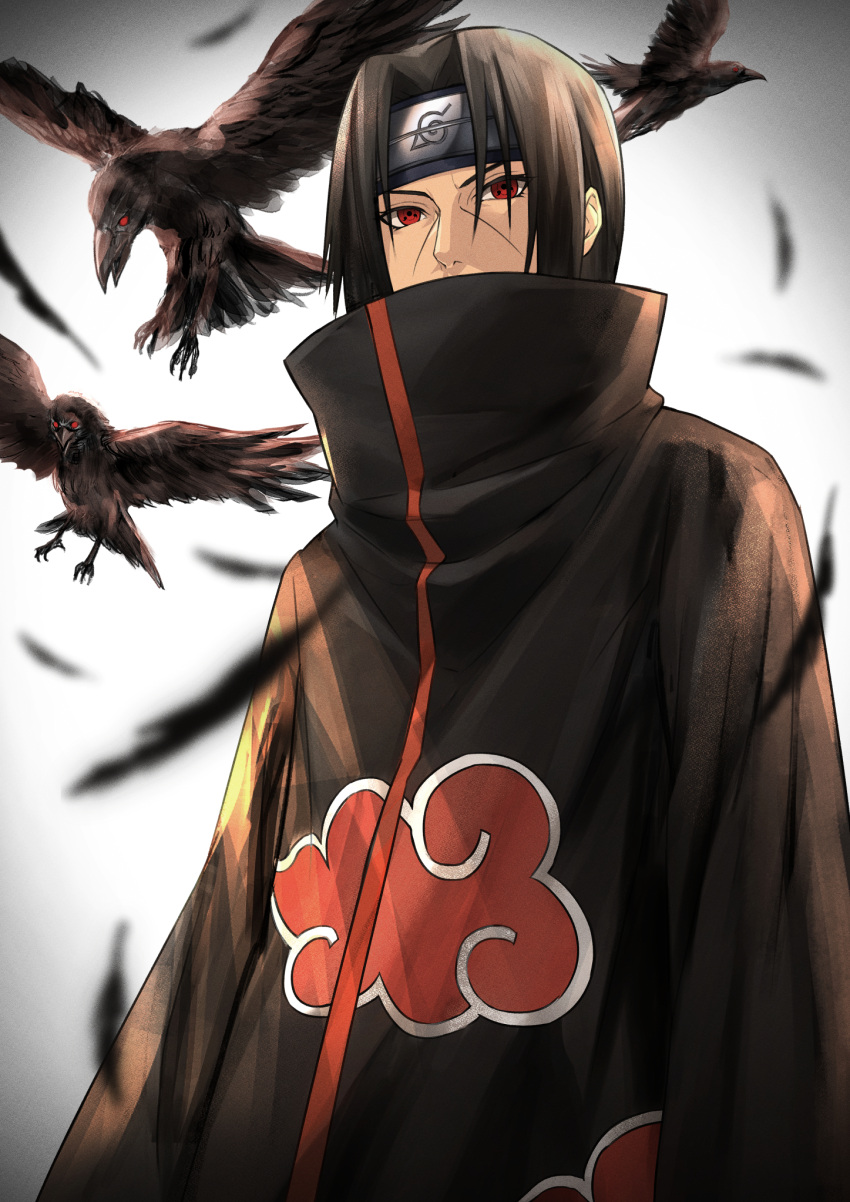 1boy akatsuki_uniform black_hair forehead_protector headband highres konohagakure_symbol long_hair naruto naruto_(series) naruto_shippuuden ninja r777668 red_eyes uchiha_itachi