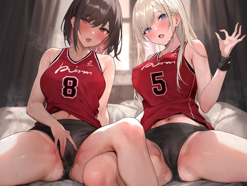 2girls absurdres armband bare_shoulders basketball_uniform bed bed_sheet black_shorts blonde_hair blush breasts brown_hair cameltoe commentary_request covered_nipples curtains gym_uniform highres indoors large_breasts long_hair looking_at_viewer midriff multiple_girls navel non-web_source on_bed original pillow short_hair shorts sitting sportswear spread_legs spread_pussy_under_clothes steaming_body sweat thighs toned window yuyu_(yuyuworks)