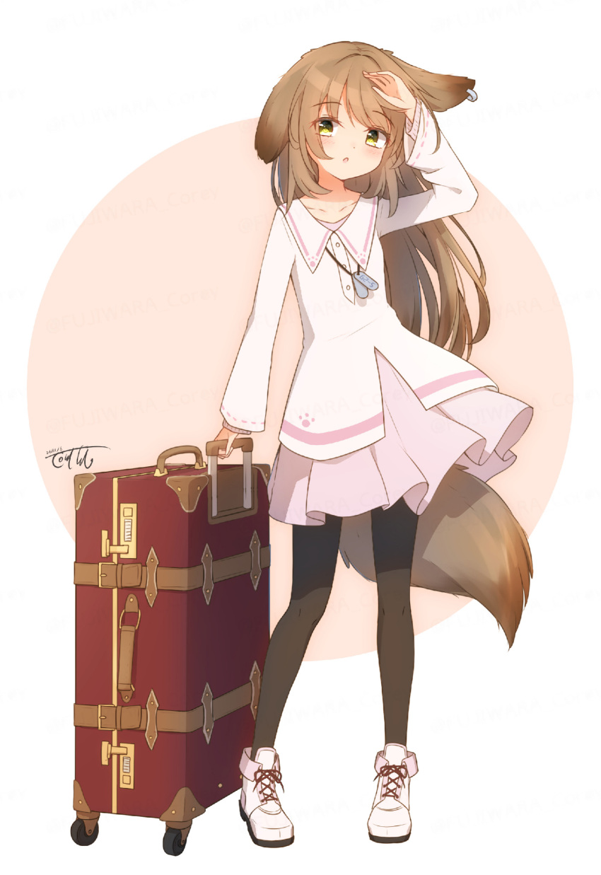 1girl :o animal_ears arm_up black_pantyhose blush brown_background brown_hair collared_dress commentary_request coreytaiyo dated dress full_body highres long_hair long_sleeves looking_at_viewer original pantyhose parted_lips pink_dress pleated_dress rolling_suitcase shoes signature solo standing suitcase tail two-tone_background very_long_hair white_background white_dress white_footwear wide_sleeves yellow_eyes