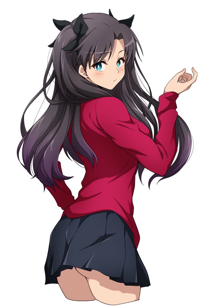 1girl absurdres ass black_hair black_skirt blue_eyes bow breasts closed_mouth commentary_request cropped_legs fate/stay_night fate_(series) hair_bow hand_up highres long_hair long_sleeves medium_breasts miniskirt nijizuki_shino pleated_skirt red_shirt shirt simple_background skirt tohsaka_rin two_side_up white_background