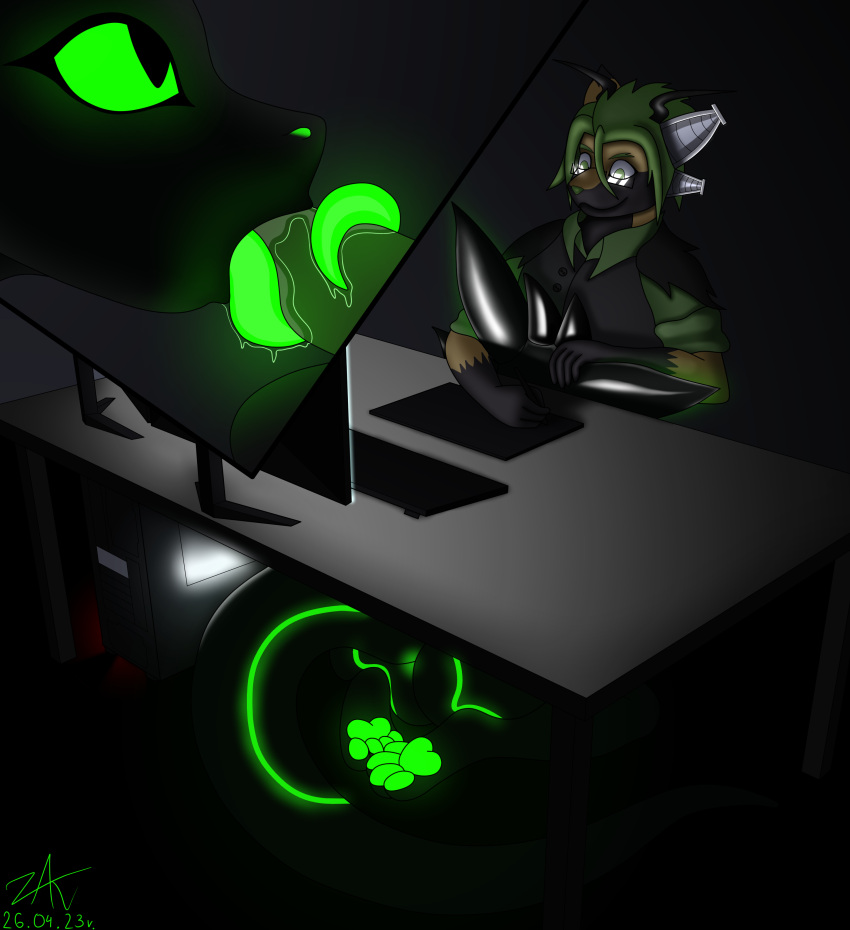 absurd_res anthro black_body chimera computer dragon drawing_tablet duo glistening glistening_body glowing glowing_eyes glowing_markings glowing_pawpads hi_res long_tongue male male/male markings oral pawpads rubber_creature tongue under_table zaks