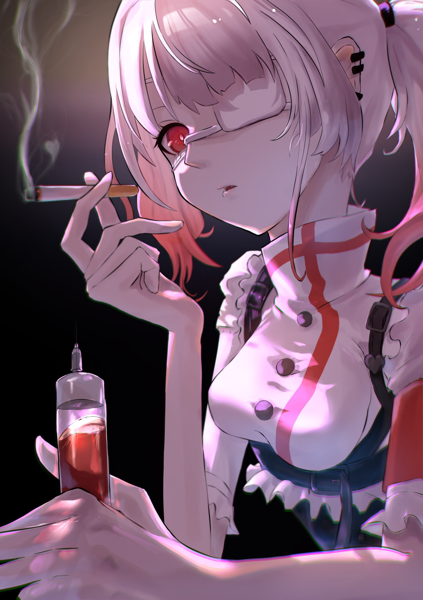 1girl absurdres amehachi88 cigarette dress ear_piercing eyepatch gradient_hair grey_hair highres holding holding_cigarette holding_syringe karenina:_ember_(bloody_love)_(punishing:_gray_raven) karenina_(punishing:_gray_raven) large_syringe long_hair medical_eyepatch multicolored_hair one_eye_covered oversized_object piercing punishing:_gray_raven red_eyes red_hair short_sleeves sidelocks syringe twintails white_dress