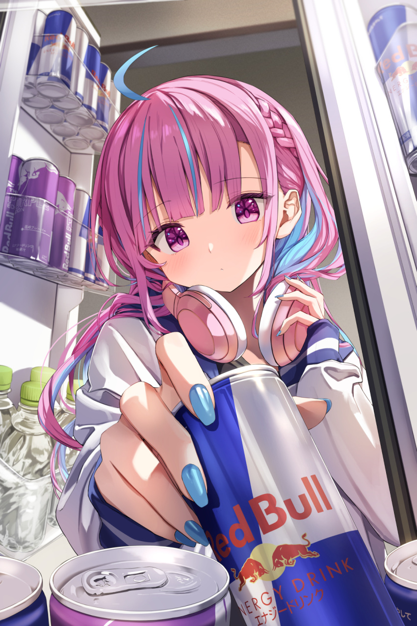 1girl ahoge blue_hair blue_nails bottle braid can closed_mouth commentary_request hand_on_headphones headphones headphones_around_neck highres holding holding_can hololive light_blush long_hair long_sleeves looking_at_viewer minato_aqua multicolored_hair nail_polish pink_hair purple_eyes red_bull refrigerator shirt sleeves_past_wrists solo streaked_hair summer_tail720 two-tone_hair upper_body virtual_youtuber water_bottle white_shirt