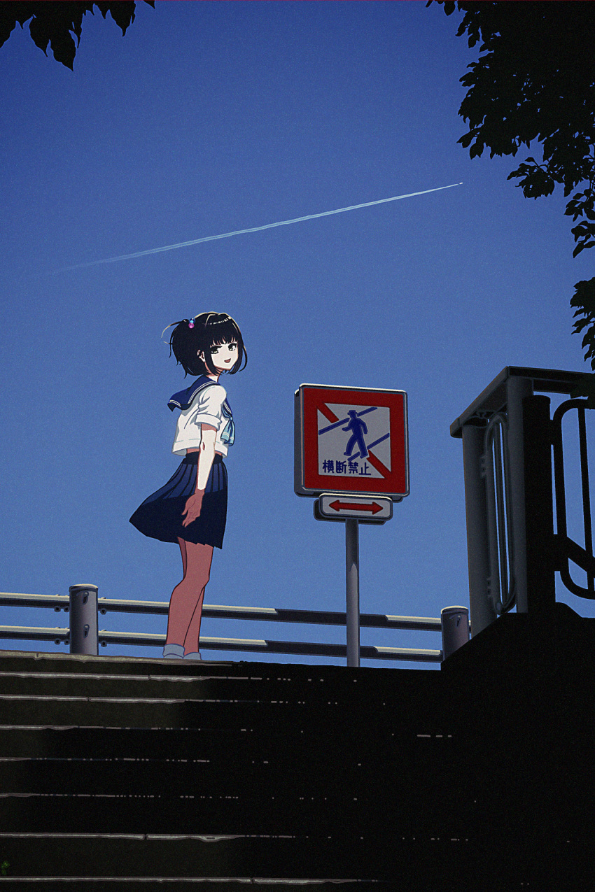 1girl amemori_sayo aqua_neckerchief arms_at_sides black_eyes black_hair blue_sailor_collar blue_skirt blue_sky branch commentary contrail day film_grain from_side hair_bobbles hair_ornament highres looking_at_viewer looking_to_the_side neckerchief nijisanji nkymyura one_side_up open_mouth outdoors pleated_skirt railing road_sign sailor_collar shirt short_hair short_sleeves sign skirt sky smile solo stairs summer_uniform translation_request virtual_youtuber white_shirt wide_shot