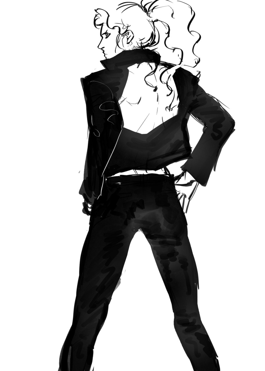 1boy almostghost back_cutout black_jacket black_pants blonde_hair clothing_cutout from_behind hands_on_own_hips highres hinrigh_biganduffno hunter_x_hunter jacket long_hair looking_back male_focus monochrome pants ponytail profile simple_background sketch solo wavy_hair white_background