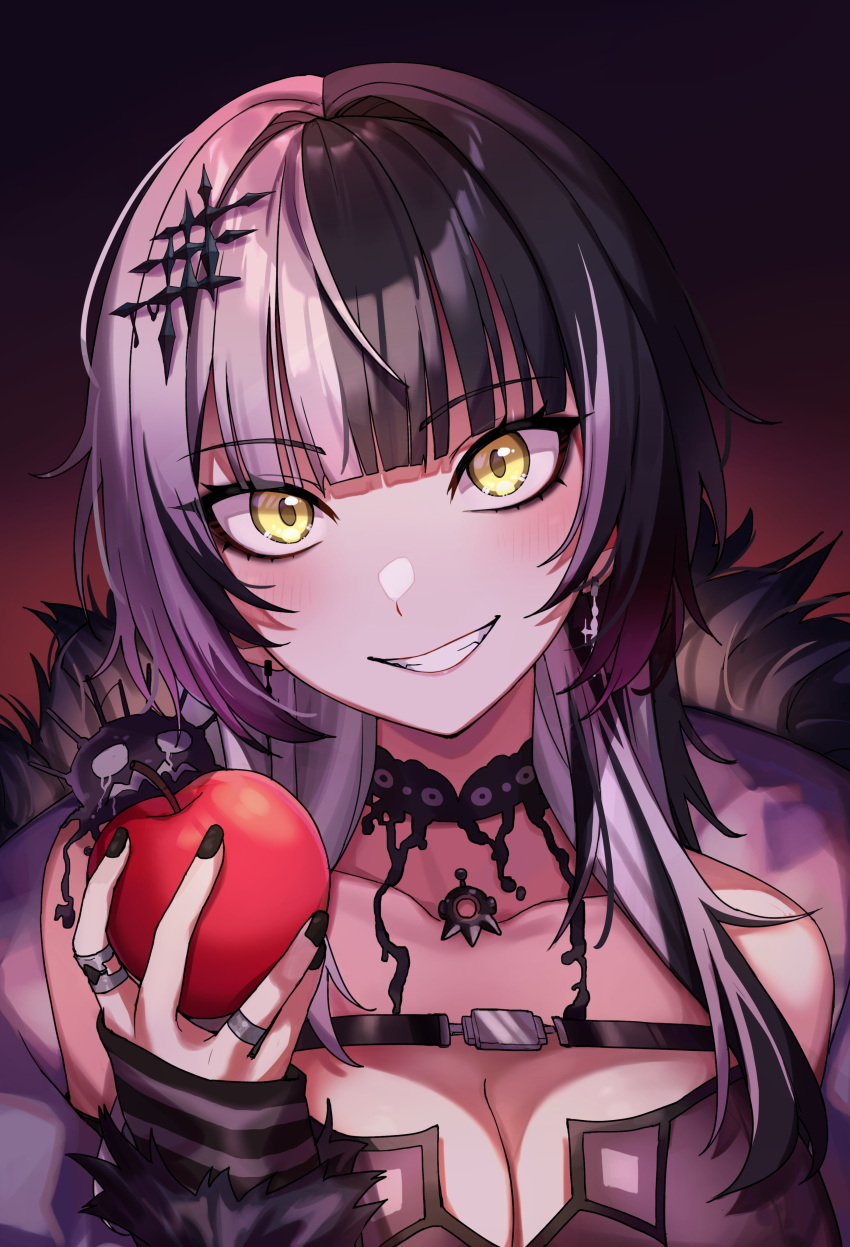 1girl absurdres apple black_coat black_hair breasts chest_belt choker cleavage coat fang food fruit fur-trimmed_coat fur_trim glowing glowing_eyes grey_hair grin hair_ornament highres holding holding_food holding_fruit hololive hololive_english looking_at_viewer medium_breasts multicolored_hair open_mouth rakku_(rkrmz0n) red_background shiori_novella simple_background smile solo split-color_hair two_side_up upper_body virtual_youtuber yellow_eyes yorick_(shiori_novella)