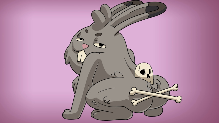 ambiguous_gender bone buckteeth butt drawfee drawfee_(copyright) eyebrows fakemon feral fluffy fur handpaw hi_res hindpaw julia_lepetit lagomorph leporid looking_at_viewer looking_back looking_back_at_viewer mammal paws pink_nose rabbit skull solo teeth