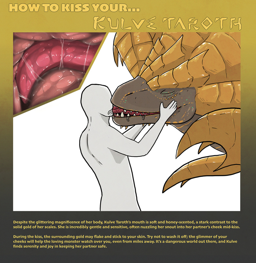 ambiguous_gender bestiality bodily_fluids capcom dragon elder_dragon feral french_kissing hi_res horn human human_on_feral internal interspecies kissing kulve_taroth mammal monster_hunter saliva tallion tongue tongue_out