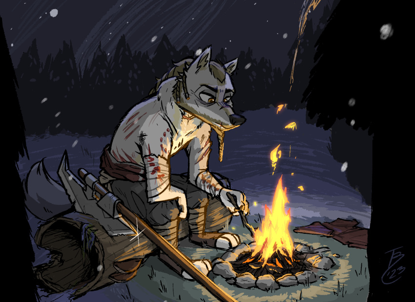 2023 anthro campfire canid canine canis detailed_background digital_media_(artwork) fire fur grey_body grey_fur halberd hi_res light lighting log male mammal melee_weapon night outside polearm shaded signature sitting solo theblueberrycarrots weapon wolf wood