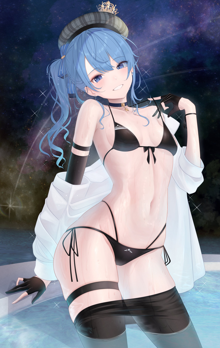 1girl absurdres barbell_piercing beret bikini black_bikini black_choker black_gloves black_pantyhose blue_eyes blue_hair breasts choker clothes_pull contrapposto crown gloves grin hat highres hololive hoshimachi_suisei industrial_piercing kachikachipiroo long_hair looking_at_viewer mini_crown navel pantyhose pantyhose_pull partially_fingerless_gloves piercing plaid_headwear shooting_star side-tie_bikini_bottom side_ponytail skindentation sky small_breasts smile solo star_(sky) star_(symbol) star_in_eye starry_sky stomach strap_pull swimsuit symbol_in_eye thigh_strap virtual_youtuber wading water wavy_hair wet