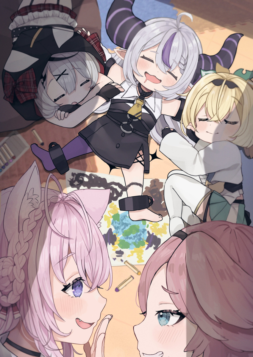 absurdres aged_down ahoge animal_ears asymmetrical_legwear black_dress blonde_hair braid crayon crayon_drawing crown_braid dress drooling fingerless_gloves gloves grey_hair hakui_koyori highres hololive holox hood horns kazama_iroha la+_darknesss mouth_drool mutsumi326 on_floor pink_hair pleated_skirt pointy_ears sakamata_chloe skirt sleeping takane_lui virtual_youtuber