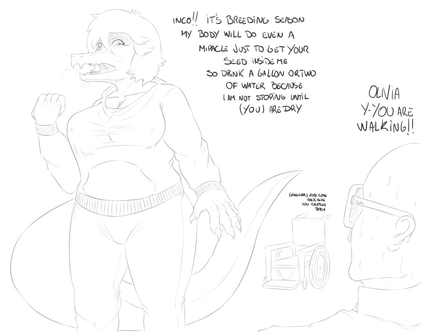 2023 alligator alligatorid anthro badfidhell bald bodily_fluids breasts breeding_request claws clothing crocodilian dialogue duo english_text eyewear female fingers freckles hair hi_res hoodie human i_wani_hug_that_gator inco_(iwhtg) male mammal monochrome nipple_outline olivia_(iwhtg) open_mouth reptile scalie short_hair snout sunglasses sweat text topwear wheelchair
