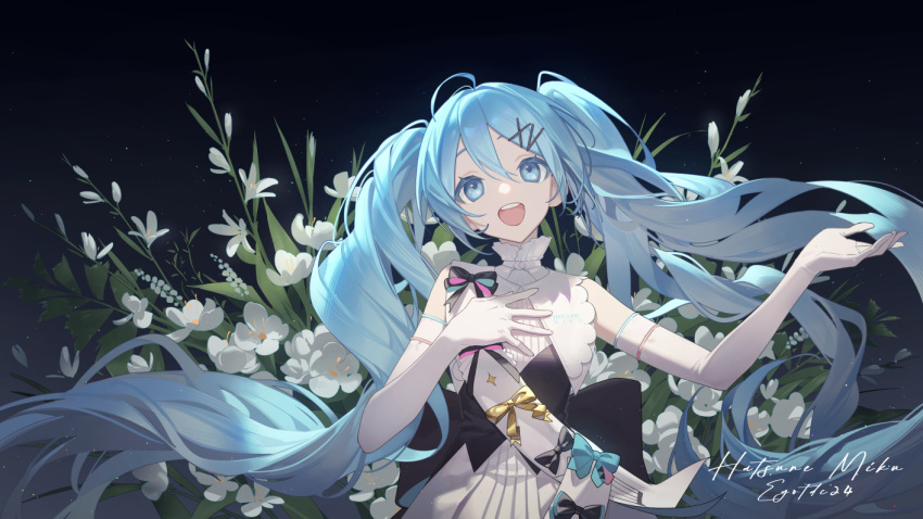 1girl black_bow blue_bow blue_eyes blue_hair bow character_name dated dress elbow_gloves flower gloves hair_between_eyes hair_ornament hairclip hand_on_own_chest hatsune_miku long_hair looking_at_viewer miku_symphony_(vocaloid) open_mouth sash signature sleeveless sleeveless_dress smile sougishi_ego teeth twintails upper_teeth_only very_long_hair vocaloid white_dress white_flower white_gloves white_sash