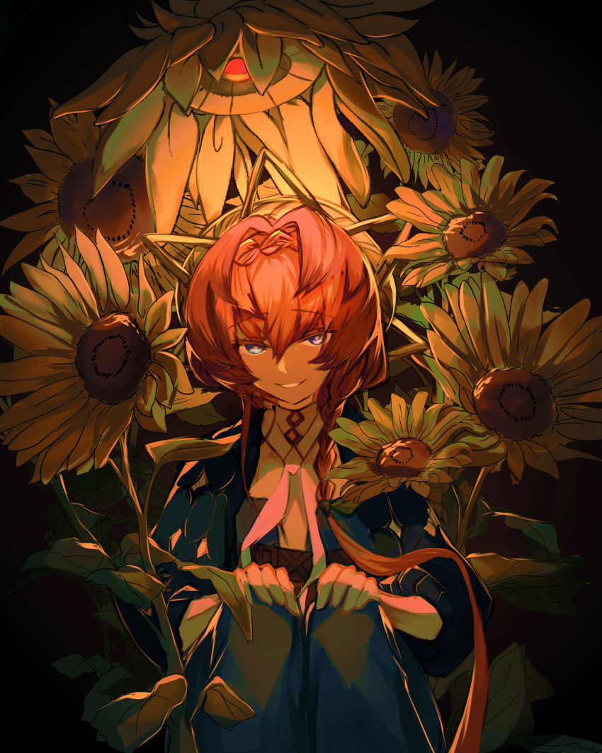 1girl absurdres black_background blue_eyes braid brown_hair dark fate/grand_order fate_(series) flower hat highres kashia long_hair side_braid sitting smile sunflower van_gogh_(fate)