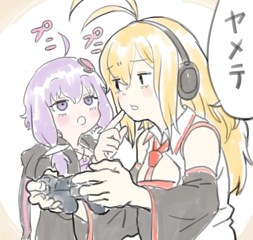 2girls :o ahoge antenna_hair black_eyes black_hoodie blonde_hair blush cheek_poking cleavage_cutout clothing_cutout commentary_request controller criss-cross_halter detached_sleeves furrowed_brow game_controller hair_ornament halterneck hand_up headphones highres holding holding_controller holding_game_controller hood hood_down hoodie long_hair long_sleeves looking_at_viewer multiple_girls necktie open_clothes open_hoodie poking purple_eyes purple_hair red_necktie shirt short_hair_with_long_locks sleeveless sleeveless_shirt tmasyumaro translation_request tsurumaki_maki upper_body vocaloid voiceroid white_shirt wide_sleeves yuzuki_yukari