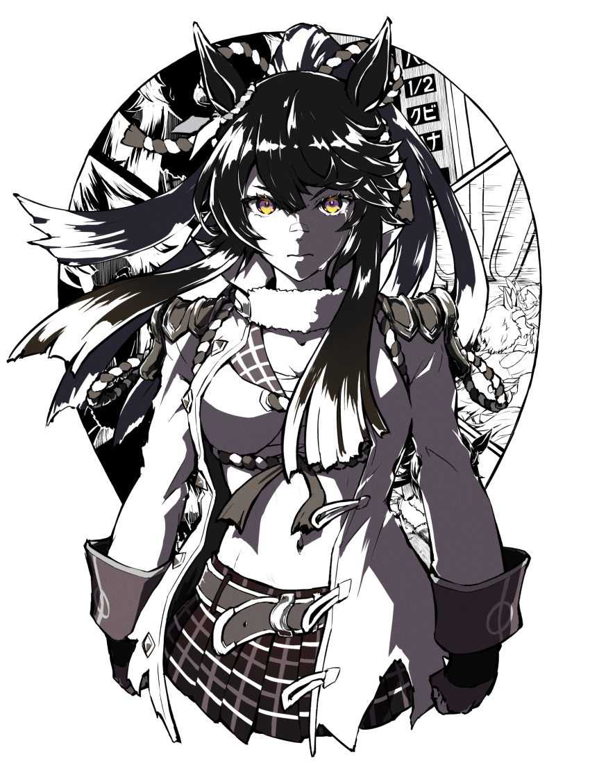 1girl animal_ears arms_at_sides bandaid bandaid_on_face belt breasts chest_sarashi cleavage clenched_hands closed_mouth coat crop_top cropped_torso fingerless_gloves fur_choker gloves greyscale highres horse_ears long_hair long_sleeves looking_at_viewer midriff miniskirt monochrome narita_brian_(umamusume) navel open_clothes open_coat pleated_skirt ponytail rope sailor_collar sarashi shimenawa shirt skirt solo spot_color straight-on tears tenkey2022 umamusume upper_body yellow_eyes