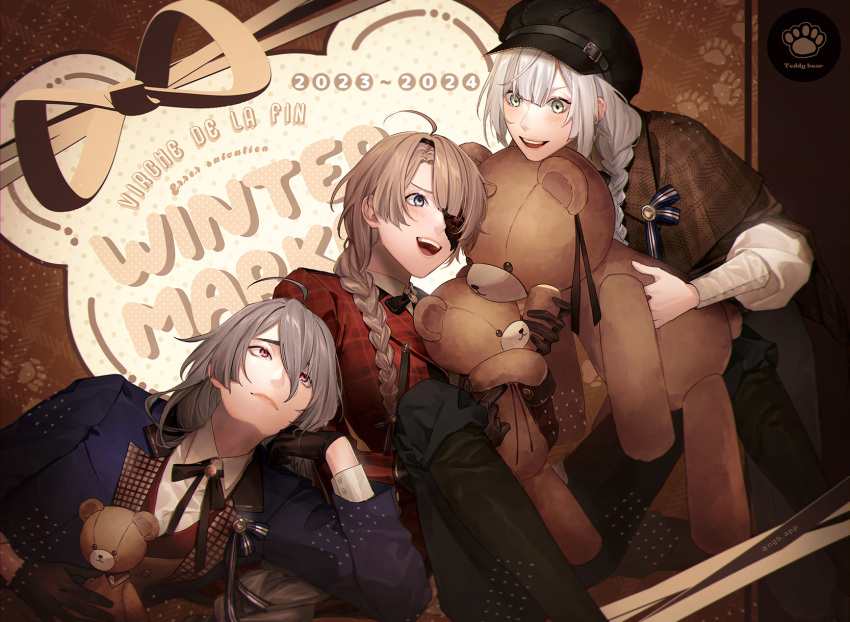 2023 2024 3boys ahoge alternate_costume ankou_(shuuen_no_virche) box braid brown_hair closed_mouth eyepatch gift gift_box highres holding holding_stuffed_toy kaori long_hair mathis_claude multiple_boys open_mouth red_eyes shuuen_no_virche smile stuffed_animal stuffed_toy teddy_bear teeth yves_(shuuen_no_virche)