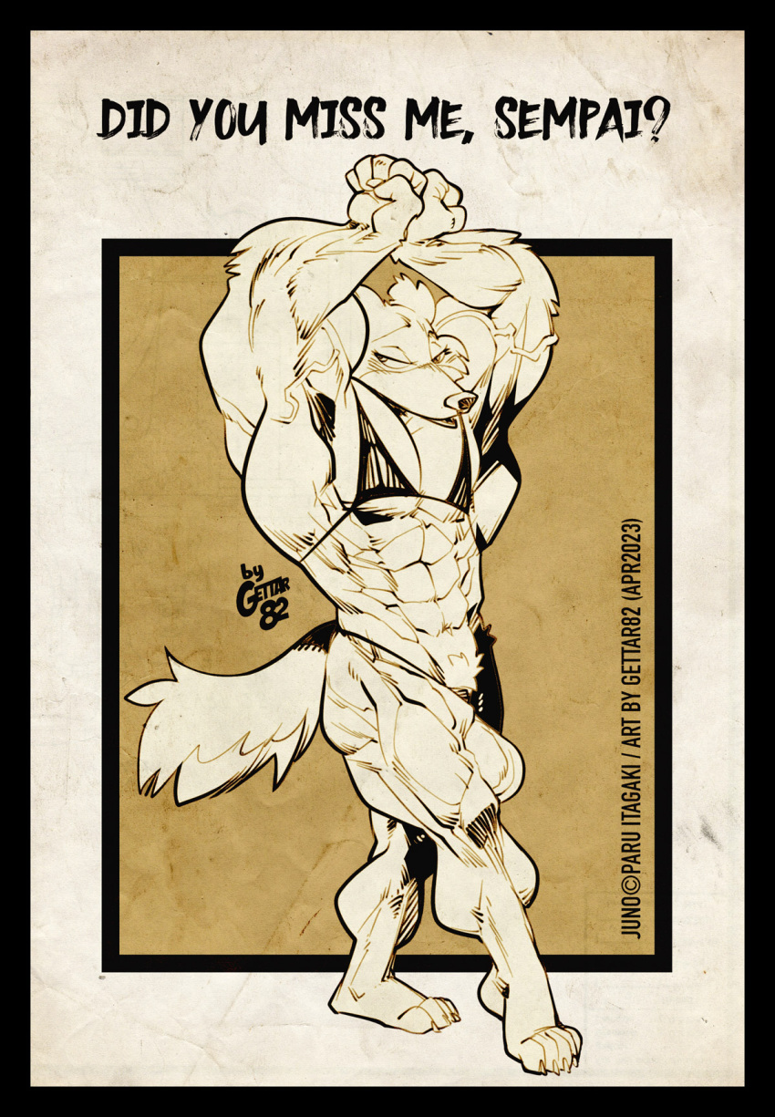 abs anthro beastars big_muscles bikini bikini_bottom bikini_top breasts canid canine canis claws clothing dialogue female flexing gettar82 hi_res huge_muscles juno_(beastars) mammal muscular muscular_anthro muscular_arms muscular_female muscular_legs muscular_thighs navel pecs pose solo swimwear thick_thighs toe_claws vein veiny_muscles wolf