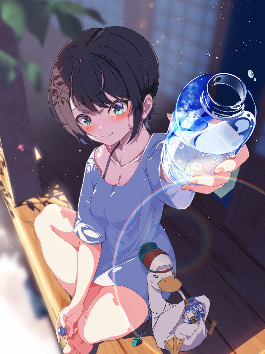 1girl alternate_costume aqua_eyes arm_up bare_legs barefoot blurry blurry_background blurry_foreground blush bottle breasts brown_hair cleavage closed_mouth collarbone day depth_of_field foreshortening full_body highres holding hololive lens_flare looking_at_viewer medium_breasts off_shoulder oozora_subaru outdoors outstretched_arm oversized_clothes oversized_shirt saka_mikatsuki shirt short_hair sidelocks sitting smile soles sparkle subaru_duck swept_bangs t-shirt toes virtual_youtuber water_bottle whistle whistle_around_neck white_shirt
