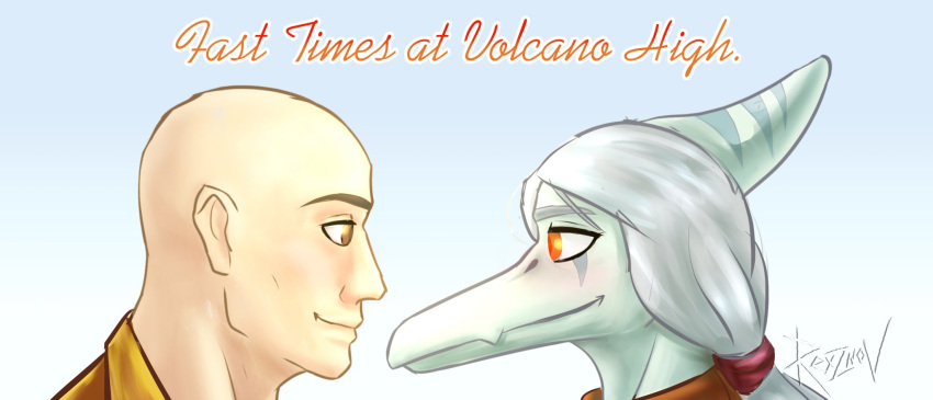 amber_eyes anon_(snoot_game) bald brown_eyes colored duo english_text eye_contact fang_(gvh) goodbye_volcano_high hair hi_res human looking_at_another mammal ponytail pterodactylus pterosaur reptile rexznov scalie short_hair smile snoot_game snout text