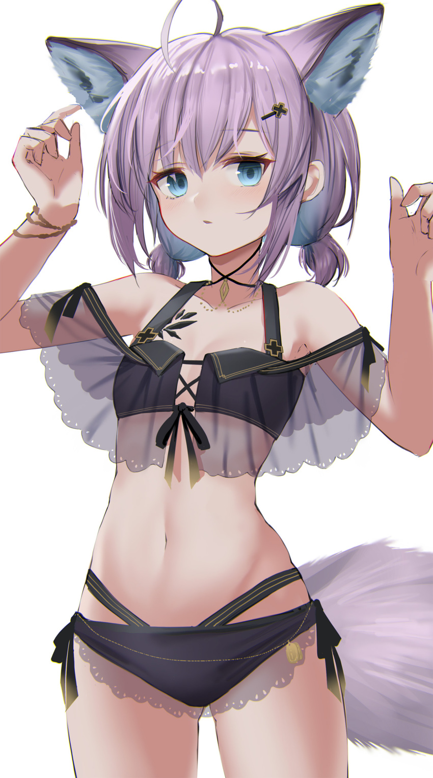 1girl absurdres ahoge animal_ear_fluff animal_ears arknights arm_up bare_shoulders bikini black_bikini blue_eyes collarbone commentary_request fox_ears fox_girl fox_tail hair_between_eyes hair_ornament hairclip hand_up highres looking_at_viewer low_twintails navel parted_lips purple_hair see-through short_twintails simple_background solo standing sthk sussurro_(arknights) sussurro_(summer_flowers)_(arknights) swimsuit tail twintails white_background x_hair_ornament