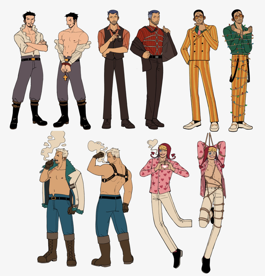 5boys bara bare_pectorals bdsm beard black_hair blonde_hair bondage bondage_under_clothes borsalino_(kizaru) bound bound_wrists cigar cigarette collared_shirt cross cross_necklace crossed_arms donquixote_rocinante dracule_mihawk facial_hair flexing goatee goatee_stubble heart heart_hands heart_print highres iceburg jakkenpoy jewelry long_sleeves looking_at_viewer makeup male_focus mature_male multiple_boys multiple_views muscular muscular_male navel necklace necklace_bind necktie nipples one_piece open_clothes open_shirt pants pectorals red_hood rope shirt short_hair sideburns sideburns_stubble smile smoke_heart smoker_(one_piece) smoking stomach striped_suit strongman_waist stubble suit undressing vest white_background