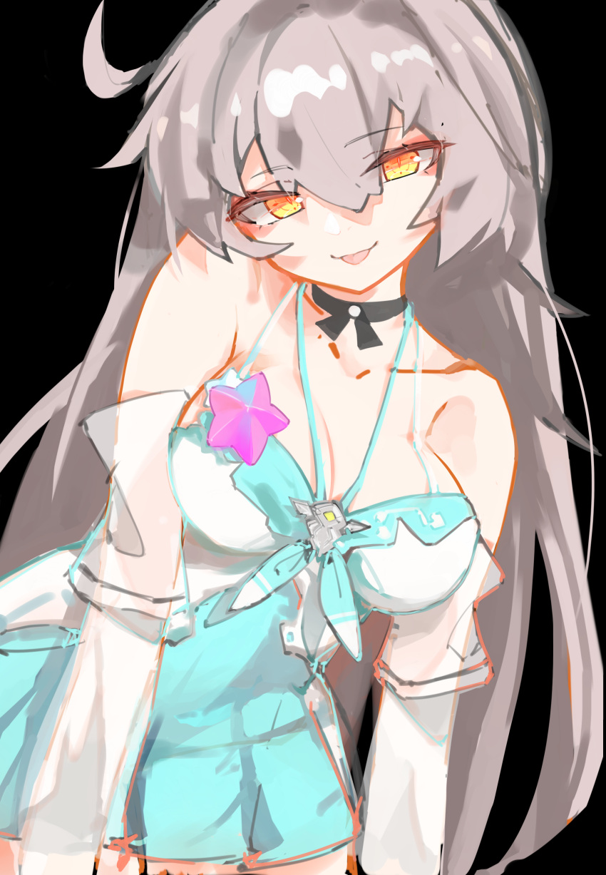 1girl absurdres bare_shoulders black_background breasts choker collarbone error1980 head_tilt highres honkai_(series) honkai_impact_3rd kiana_kaslana kiana_kaslana_(herrscher_of_the_void) long_hair long_sleeves looking_at_viewer medium_breasts ribbon_choker solo star_ornament tongue tongue_out upper_body yellow_eyes