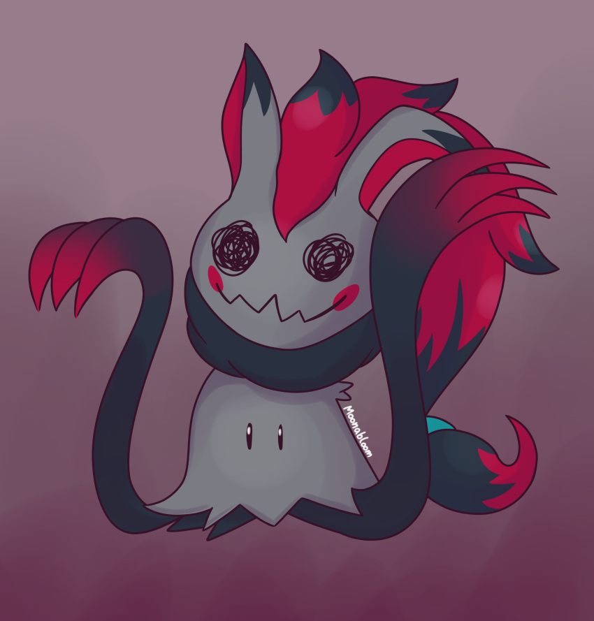 ambiguous_gender claws digital_media_(artwork) feral fur generation_5_pokemon generation_7_pokemon grey_body grey_fur hi_res mimikyu moonabloom nintendo pokemon pokemon_(species) red_body red_fur simple_background smile solo zoroark