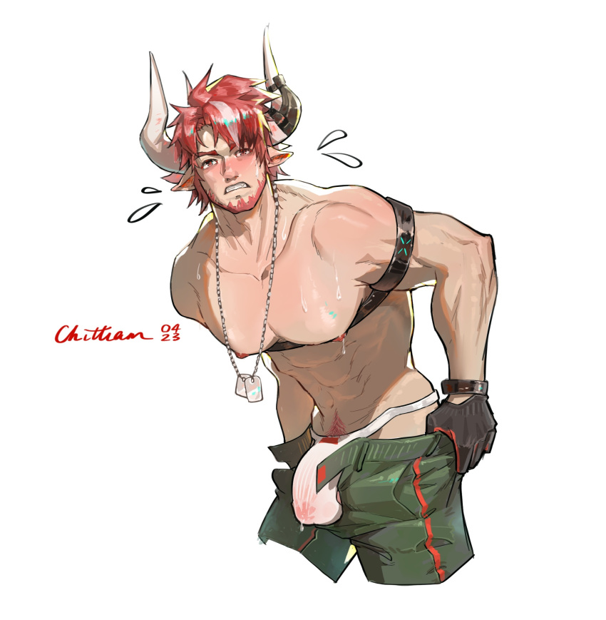 1boy abs animal_ears arknights artist_request bara beard blush bulge bulge_lift chest_harness cow_boy cow_ears cow_horns dog_tags dressing facial_hair green_pants harness highres horns humus_(arknights) i've_never_seen_a_guy_recreate_this_successfully_tbh_(meme) large_pectorals leaning_forward male_focus male_lactation male_underwear mature_male meme multicolored_hair muscular muscular_male navel navel_hair nipples open_pants pants pants_lift pectorals precum precum_through_clothes red_hair see-through short_hair solo streaked_hair thick_eyebrows underbust undersized_clothes underwear wet wet_clothes wet_male_underwear white_male_underwear