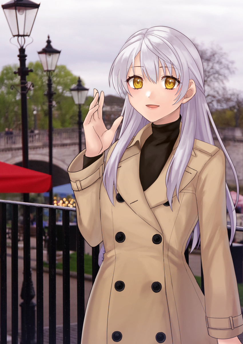 :d absurdres alternate_costume black_sweater casual coat commission contemporary fire_emblem fire_emblem:_radiant_dawn grey_hair half_updo hand_up hazuki_(nyorosuke) highres lapels long_hair long_sleeves looking_at_viewer micaiah_(fire_emblem) outdoors photo_inset skeb_commission smile sweater turtleneck turtleneck_sweater yellow_eyes