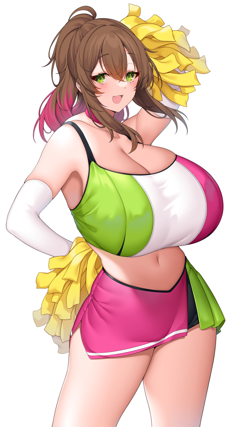 1girl :d absurdres arm_behind_back blush breasts brown_hair cheerleader cleavage cowboy_shot crop_top elbow_gloves gloves green_eyes highres holding holding_pom_poms huge_breasts looking_at_viewer medium_hair midriff miniskirt multicolored_hair multicolored_sports_bra navel open_mouth original pink_hair pom_pom_(cheerleading) simple_background skirt smile solo sports_bra suruga_(xsurugax) thighs white_background