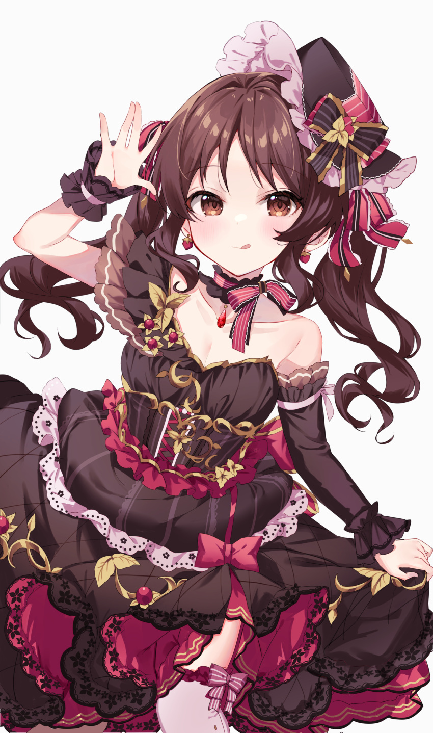 1girl :q absurdres black_dress breasts brown_eyes brown_hair cleavage detached_collar detached_sleeves dress drill_hair frilled_dress frilled_sleeves frills hat highres idolmaster idolmaster_cinderella_girls idolmaster_cinderella_girls_starlight_stage long_hair looking_at_viewer miyakoto simple_background solo tachibana_arisu tongue tongue_out twintails white_background