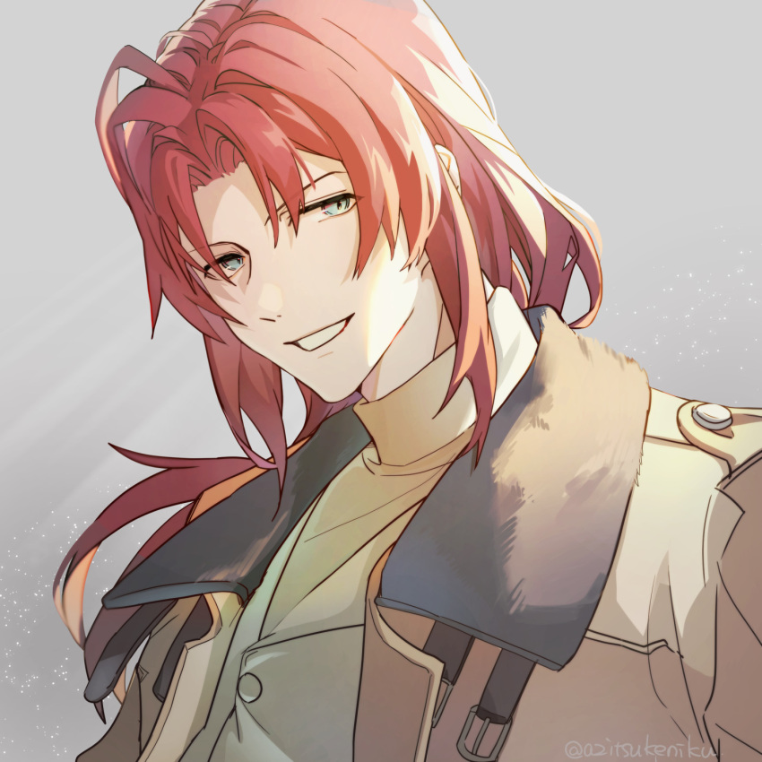 1boy azitsukeniku blue_eyes coat eiyuu_densetsu fur-trimmed_coat fur_trim grey_background grin hajimari_no_kiseki highres layered_clothes light_particles looking_at_viewer male_focus orange_coat portrait randolph_orlando red_hair simple_background smile solo turtleneck twitter_username