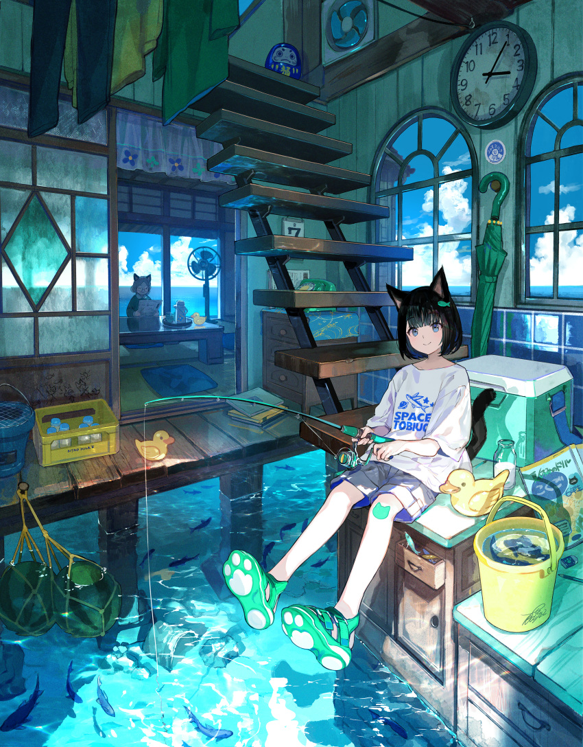 2girls absurdres animal animal_ears animal_hair_ornament black_hair blue_eyes book bottle bucket calendar_(object) cat_ears cat_tail clock closed_eyes closed_mouth clothes_writing cloud corded_phone cushion daruma_doll drawer electric_fan eraser fish fish_hair_ornament fishing fishing_rod food fruit fuzichoco glasses grey_shorts hair_ornament highres holding holding_fishing_rod holding_newspaper multiple_girls newspaper original pencil phone round_eyewear rubber_duck sandals shirt short_hair short_sleeves shorts sitting smile stairs table tail tatami umbrella wall_clock water watermelon white_shirt window zabuton