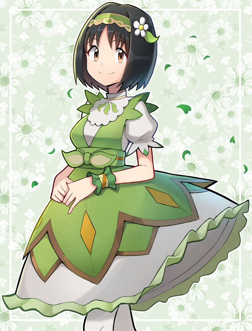 1girl absurdres black_hair brown_eyes commission cowboy_shot dress erika_(pokemon) erika_(sygna_suit)_(pokemon) floral_background flower green_dress hair_flower hair_ornament highres mr.thunderigor official_alternate_costume own_hands_together pokemon pokemon_(game) pokemon_masters_ex short_hair single_wrist_cuff smile solo wrist_cuffs