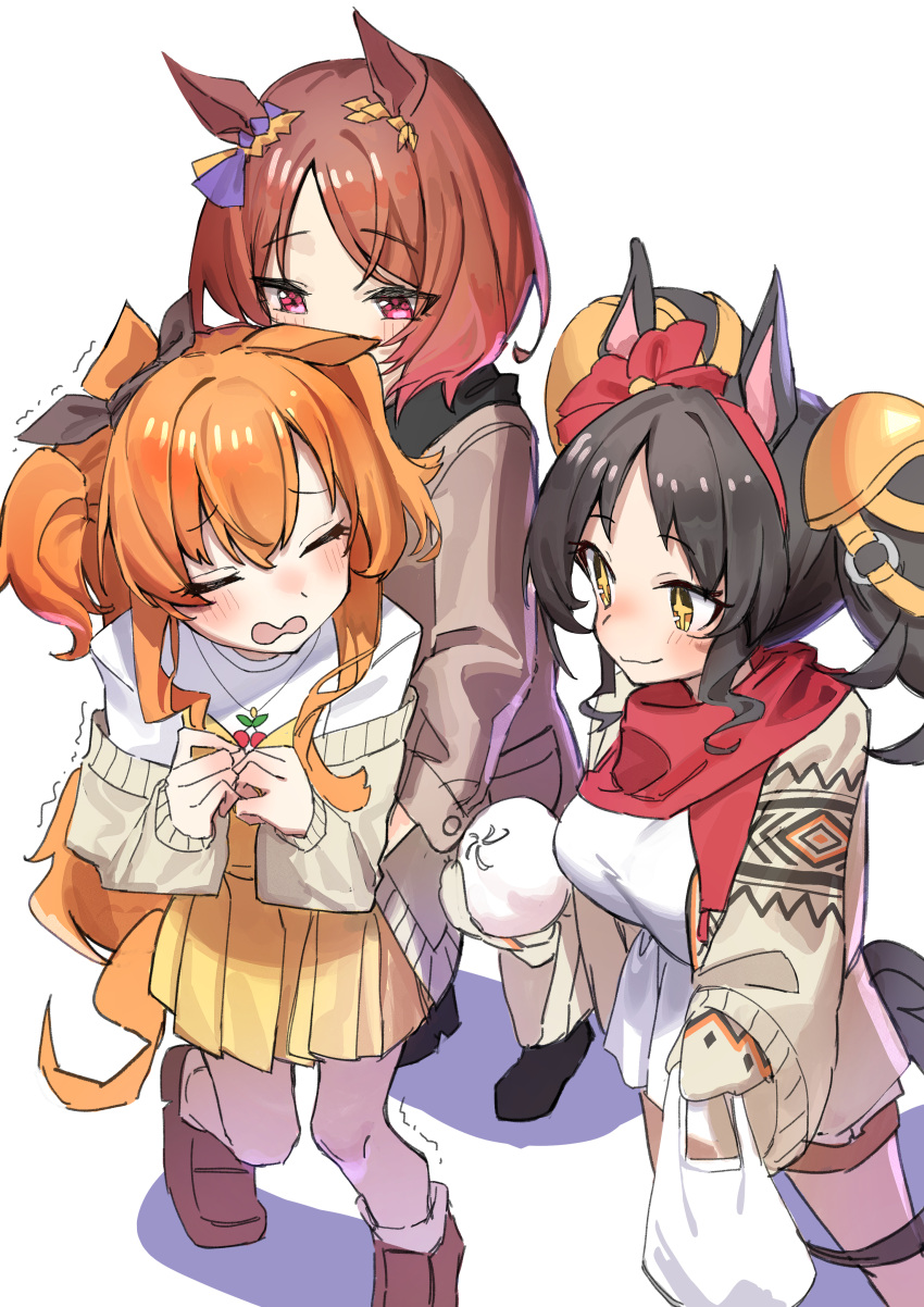 +_+ 3girls absurdres animal_ears black_hair blush brown_coat brown_eyes brown_footwear brown_hair coat drill_hair drill_sidelocks flower_in_eye haruyuki_(gffewuoutgblubh) highres horse_ears horse_girl horse_tail jewelry long_hair marvelous_sunday_(umamusume) mayano_top_gun_(umamusume) multiple_girls necklace orange_hair pantyhose parted_bangs pleated_skirt purple_eyes red_scarf sakura_laurel_(umamusume) scarf shirt short_hair sidelocks simple_background skirt symbol_in_eye tail trembling twintails two_side_up umamusume white_background white_shirt yellow_skirt